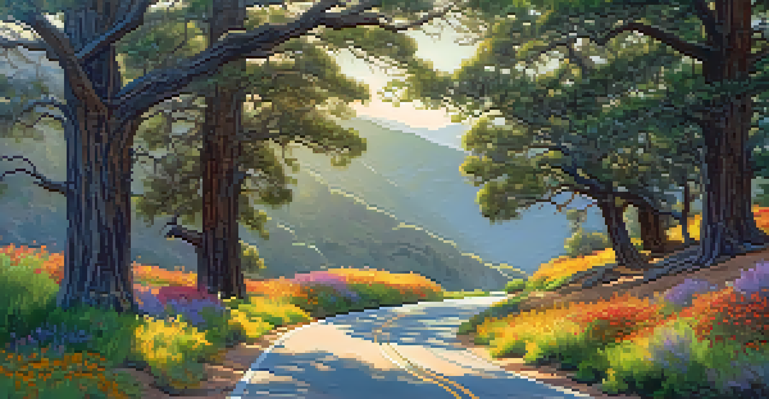 A winding mountain road surrounded by greenery and wildflowers in the Santa Ynez Mountains, with sunlight filtering through the trees.