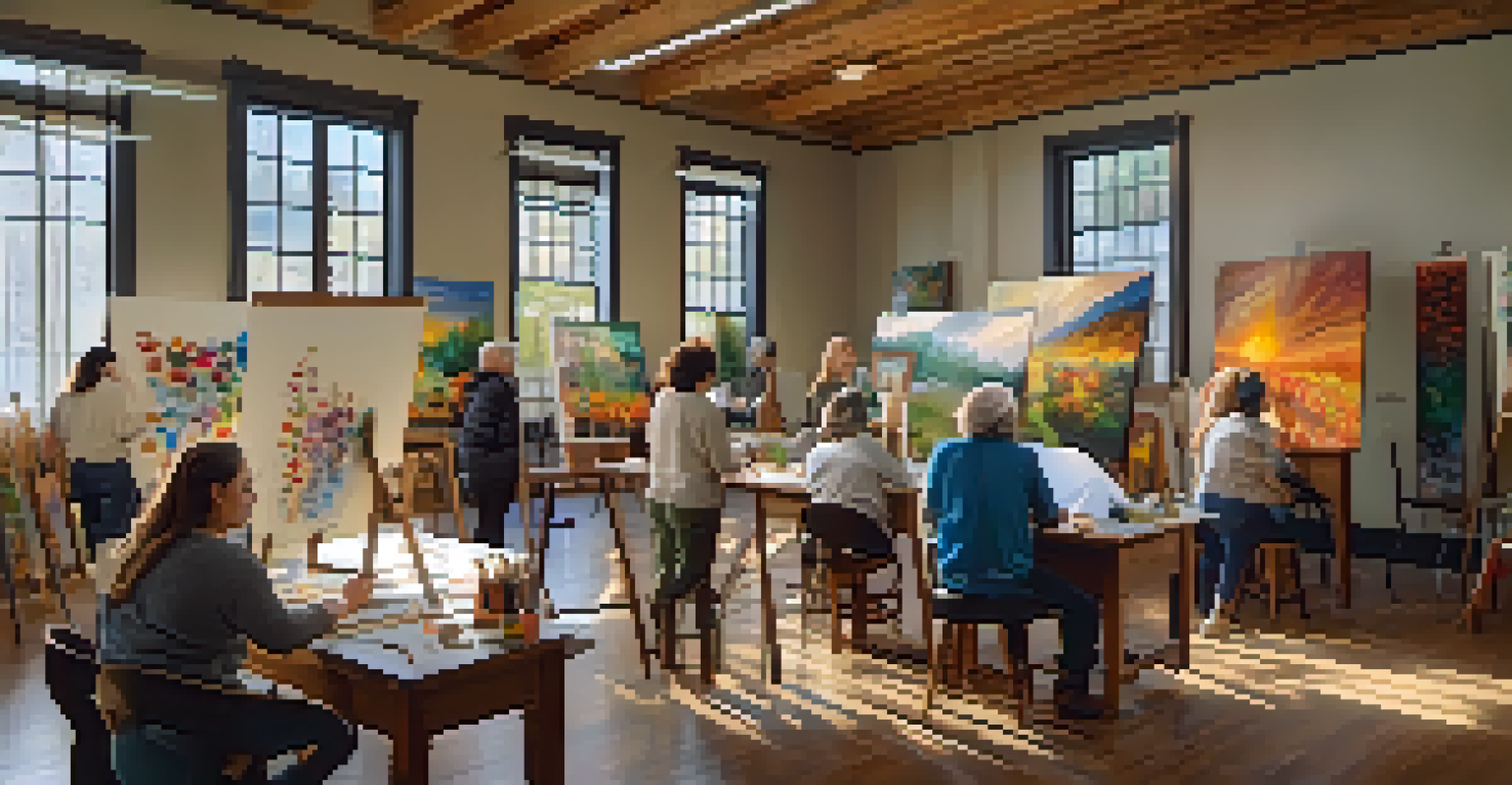 An art workshop in a community center with local painters exchanging ideas and techniques, surrounded by art supplies.