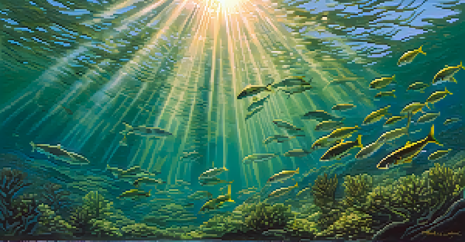 Underwater scene with a school of fish swimming in a kelp forest, illuminated by sunlight.