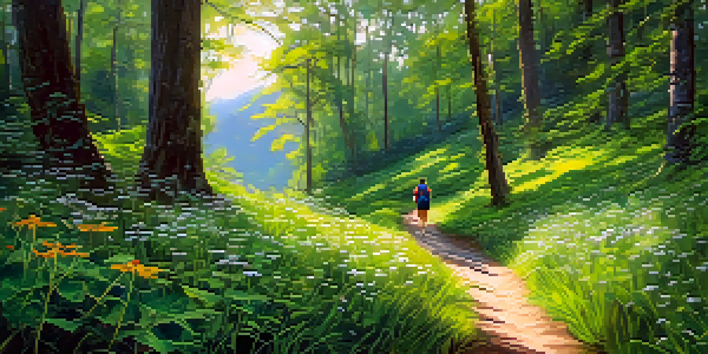 A peaceful nature trail in a green forest with sunlight filtering through the leaves and a hiker walking along the path.