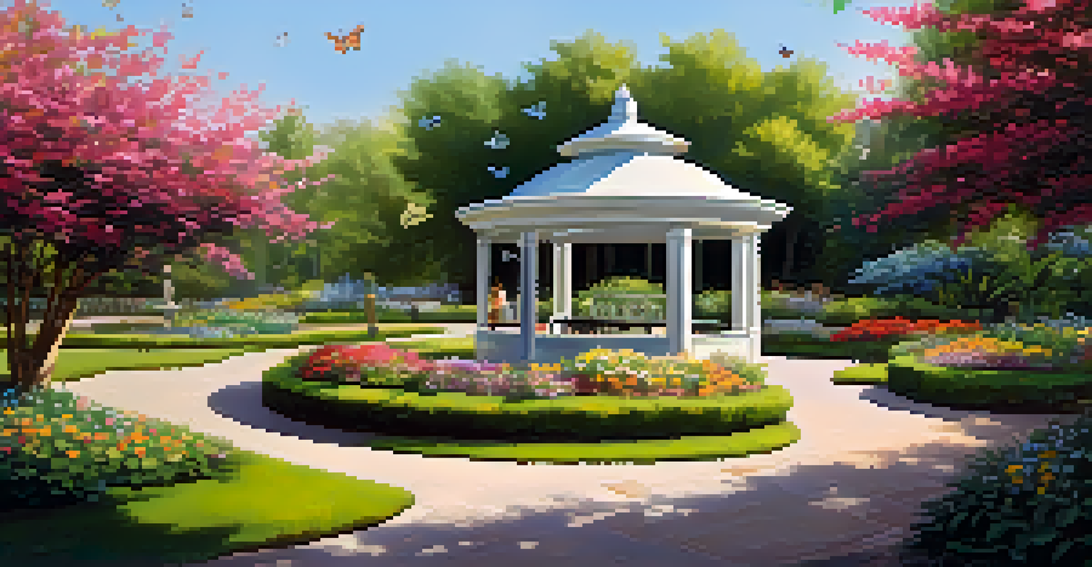 A beautiful public garden with vibrant flower beds, seating areas, and butterflies in a peaceful setting illuminated by soft sunlight.