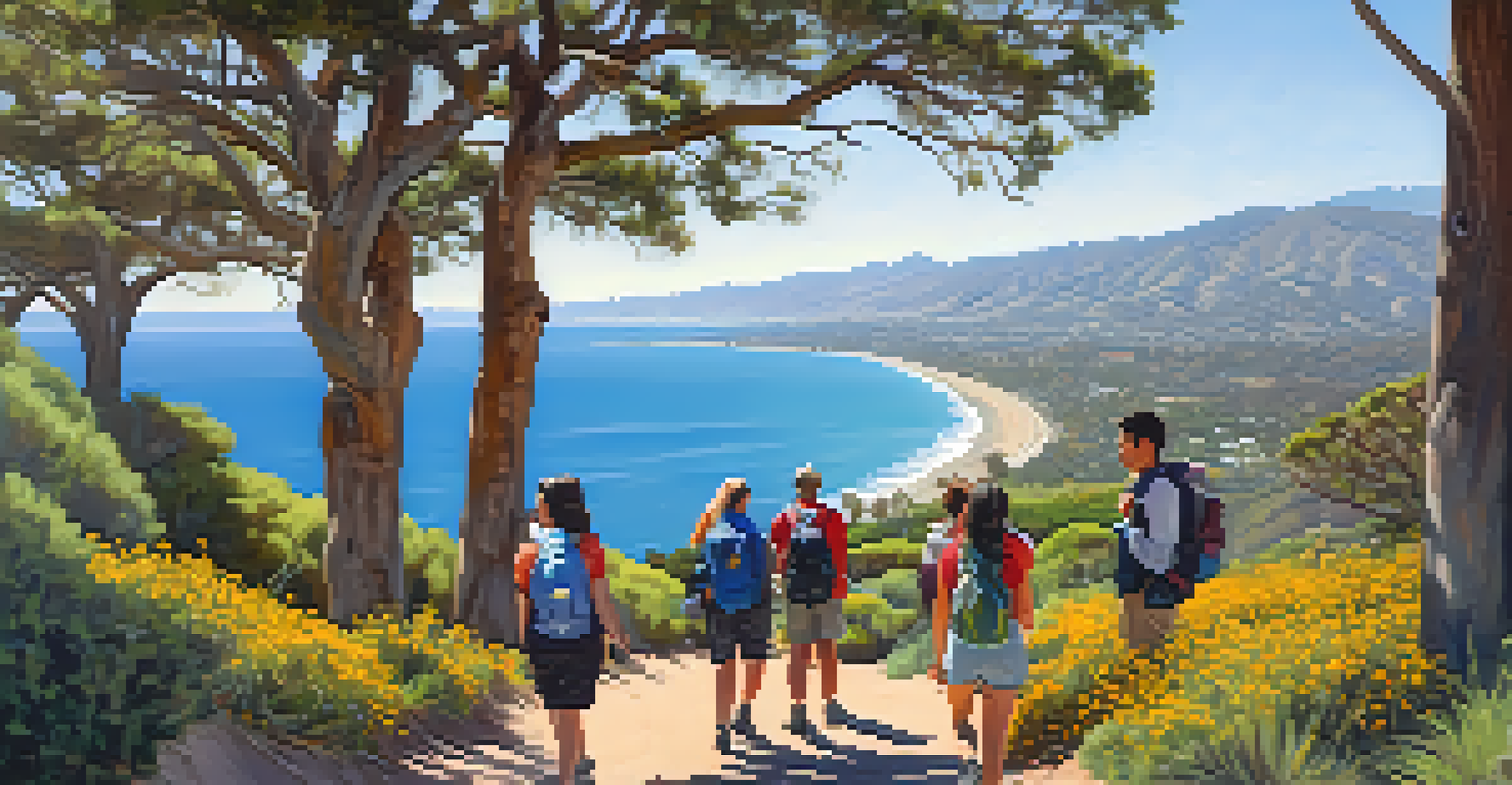 A diverse group of hikers on Inspiration Point Trail, smiling and overlooking the stunning Santa Barbara coastline.