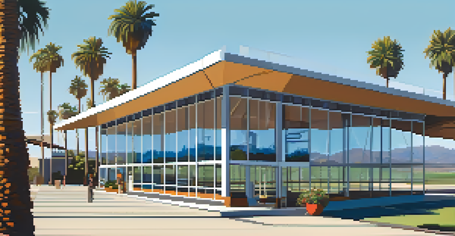A sleek, modern design of the Santa Barbara Airport, showcasing its glass windows and surrounding palm trees against the blue sky.