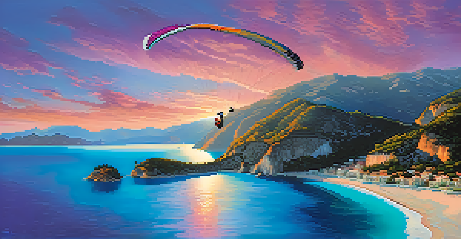 Paragliders above the Blue Lagoon in Oludeniz, Turkey, with a colorful sunset sky and turquoise waters in the background.