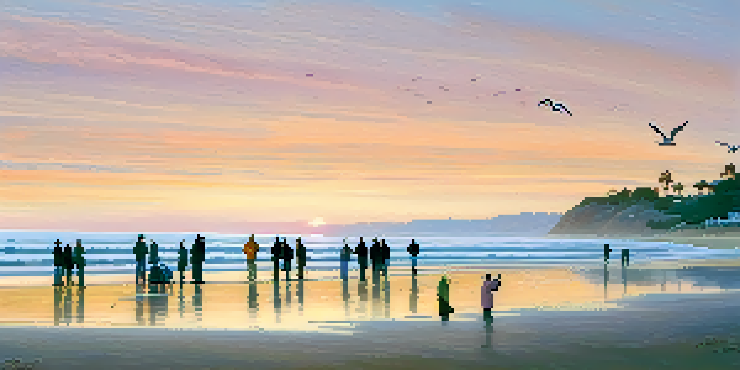 A peaceful scene of bird watchers on a Santa Barbara beach at dawn, observing seagulls with binoculars against a colorful sky.