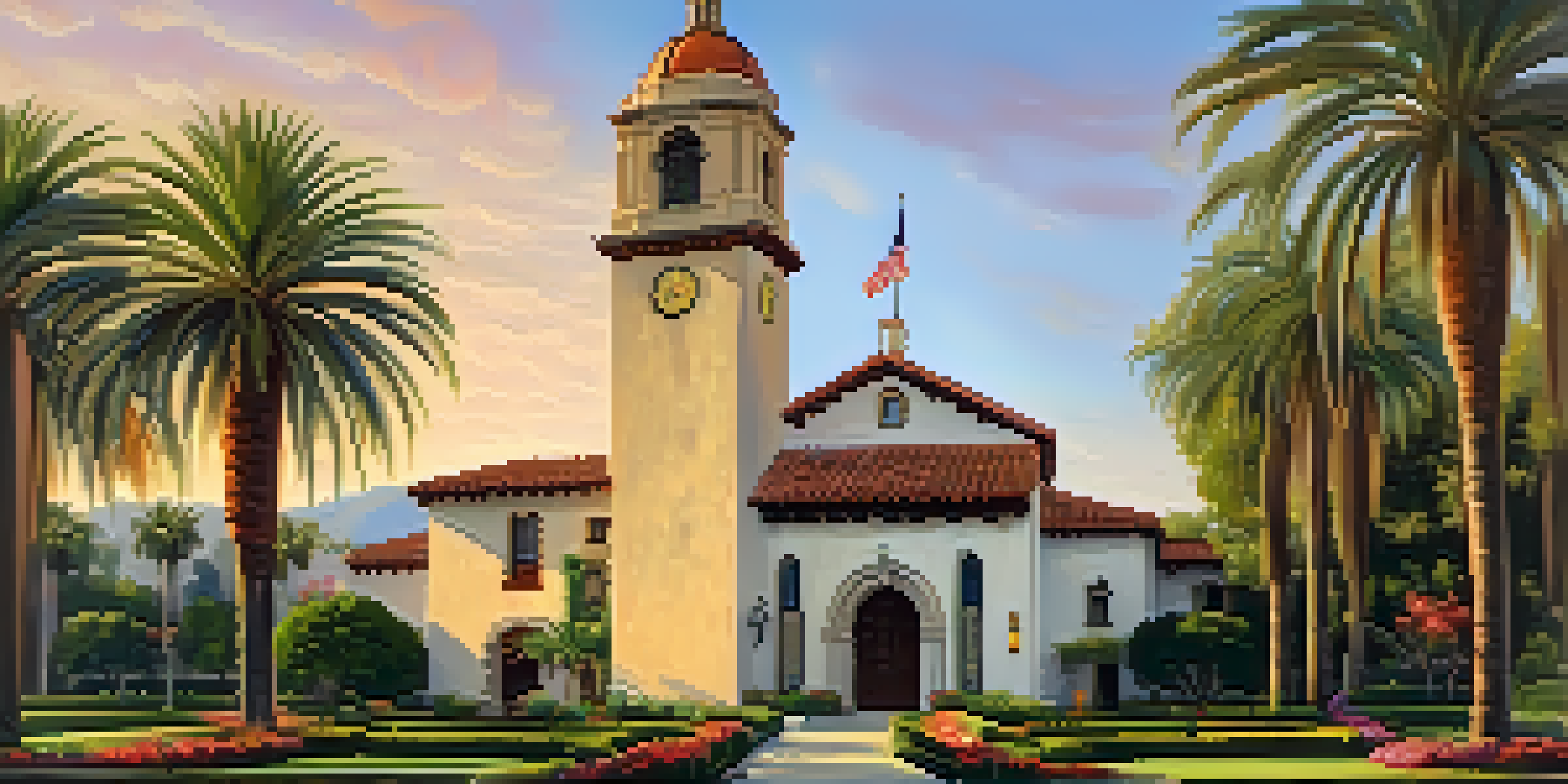 A beautiful view of the Santa Barbara Courthouse clock tower, highlighting its architectural details and colorful tiles, surrounded by vibrant gardens under warm sunlight.