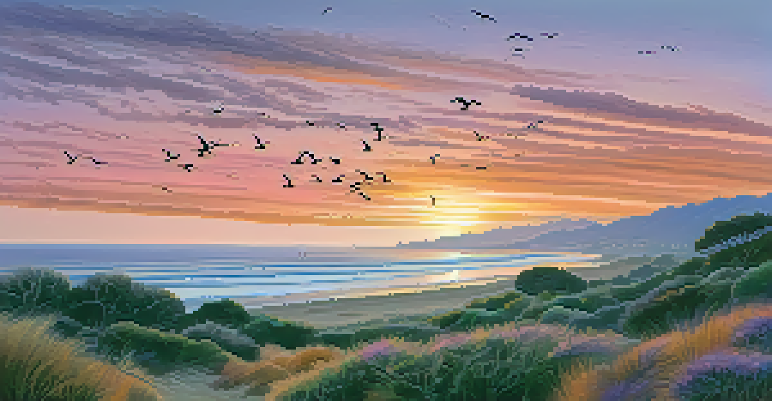 A stunning sunset view from Carpinteria Bluffs, with colorful skies and silhouettes of birds over the ocean.