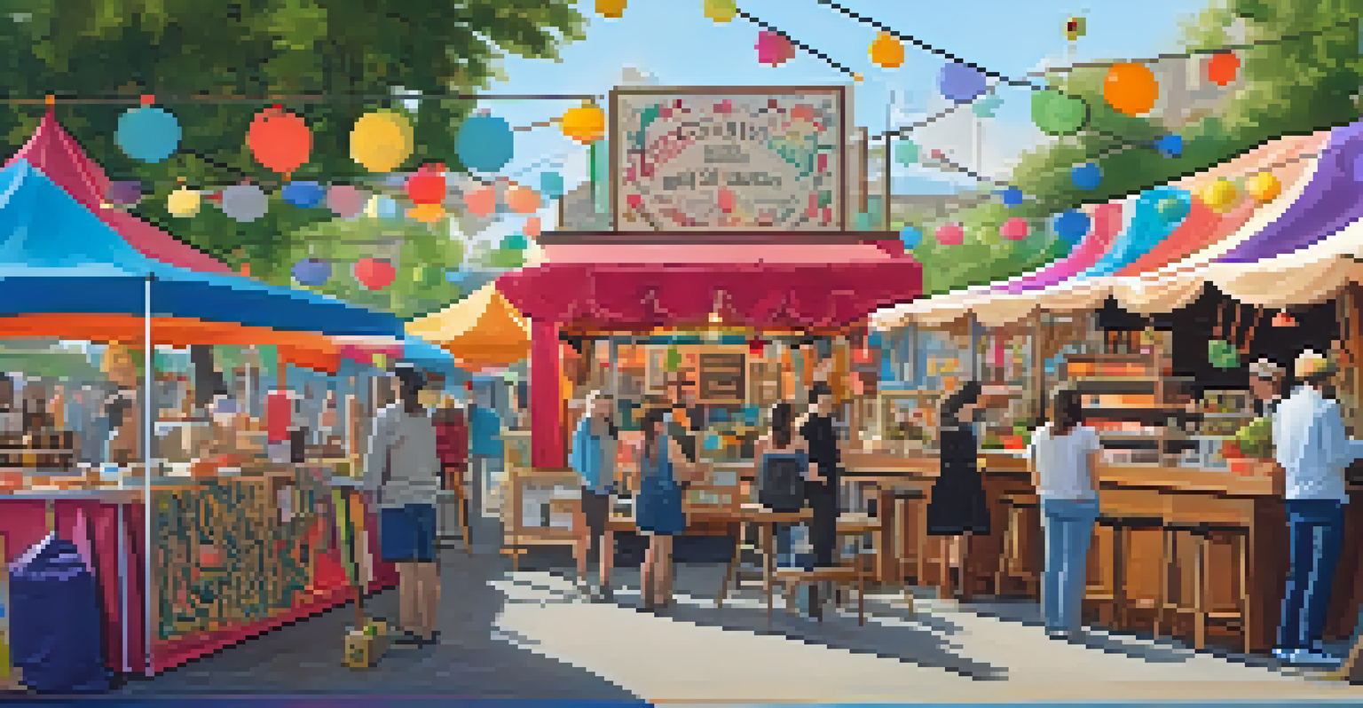 A craft stall filled with quirky handmade items at a lively craft fair.