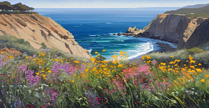 Colorful wildflowers in focus with cliffs and ocean waves blurred in the background.