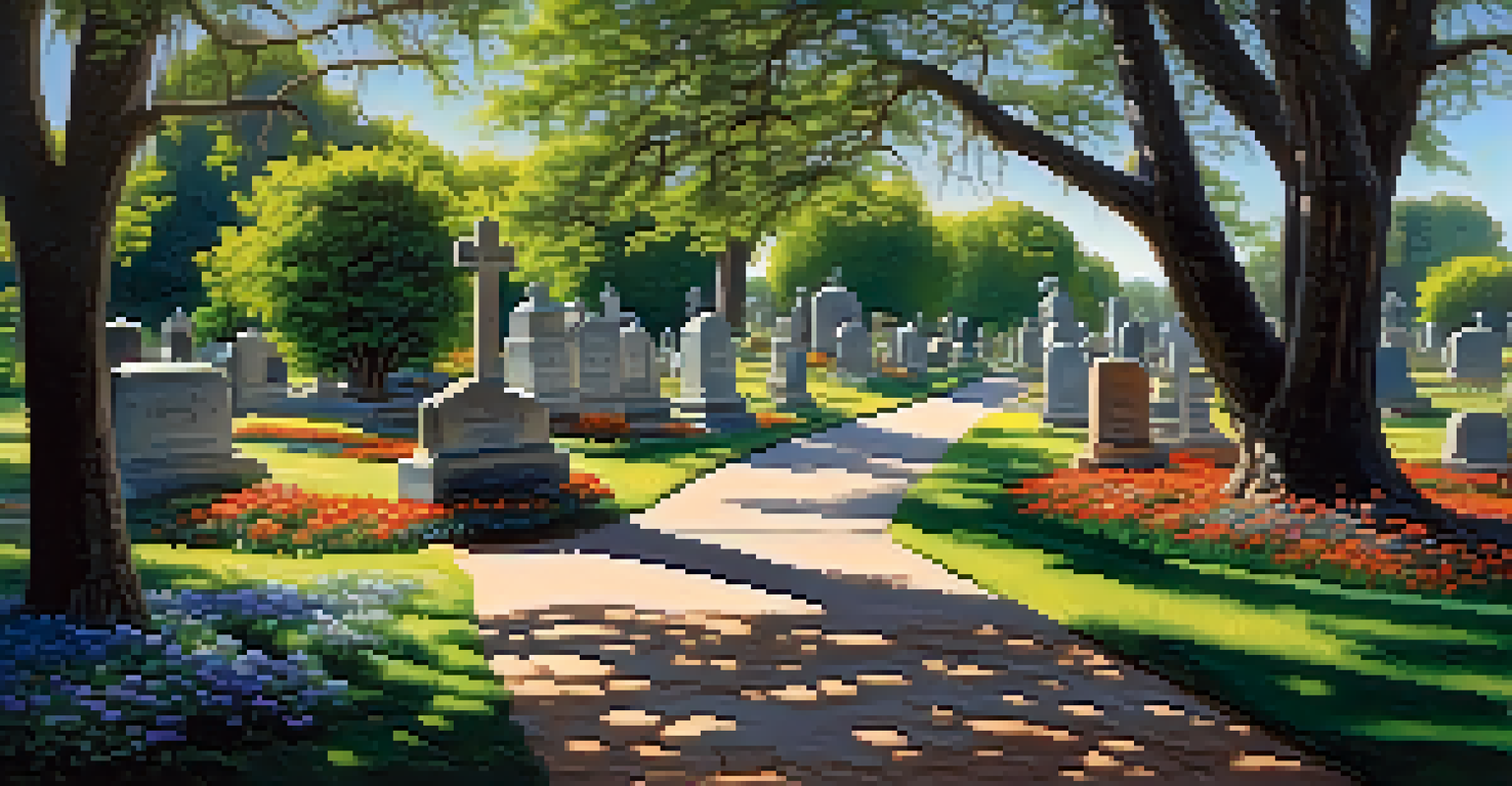 A tranquil pathway in Old Mission Cemetery surrounded by gravestones and flowers, with sunlight filtering through trees, encouraging peaceful reflection.
