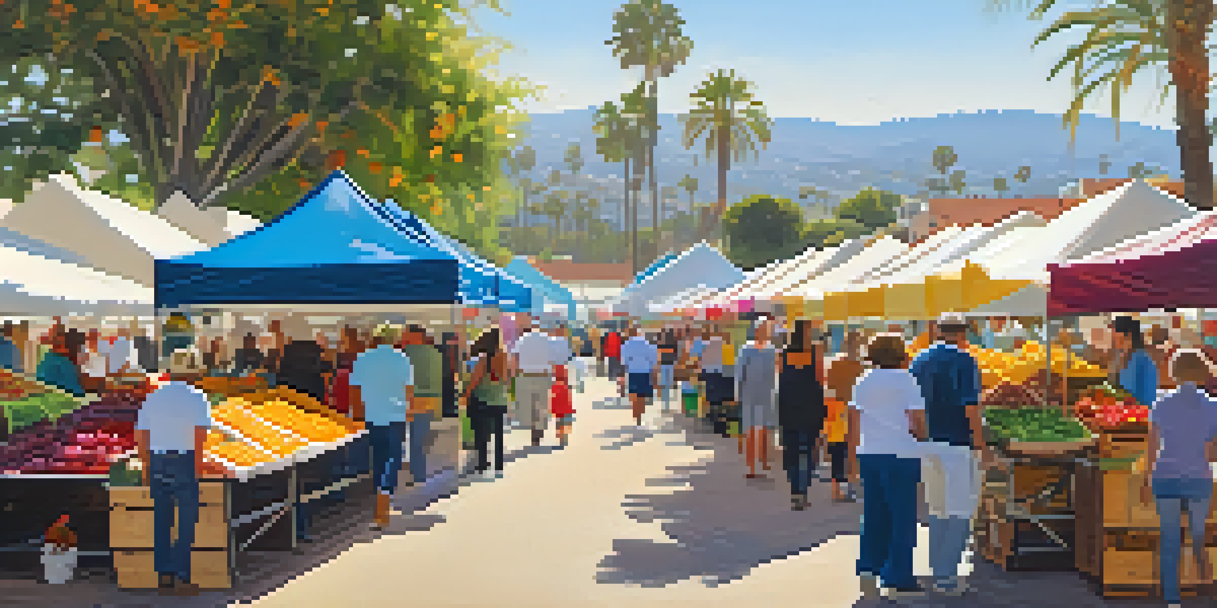 A lively farmers market in Santa Barbara with colorful stalls of fresh produce and flowers, and the coastline in the background.