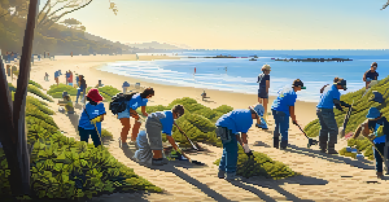 Community members working together to remove invasive plants from a beach in Santa Barbara, with the ocean and sunshine in the background.
