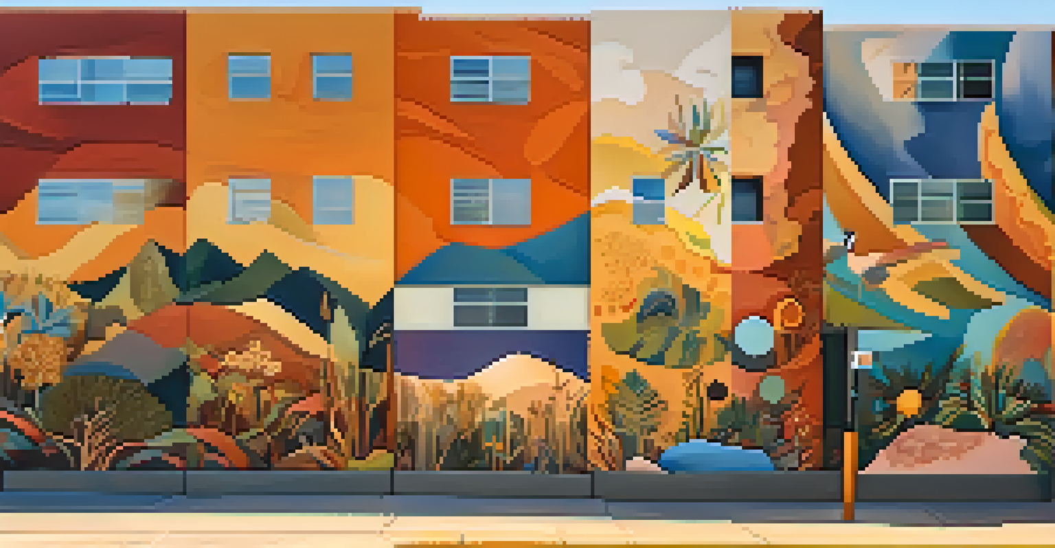 A community mural in the Funk Zone of Santa Barbara, featuring diverse artistic styles and themes, illuminated by warm sunlight.