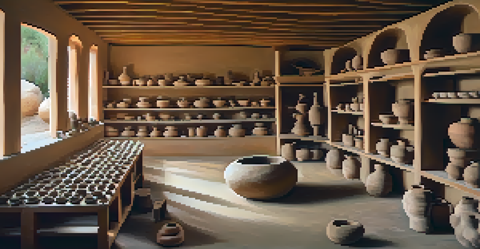 A workshop scene with local artists crafting Chumash-inspired pottery, surrounded by natural light and earthy tones.