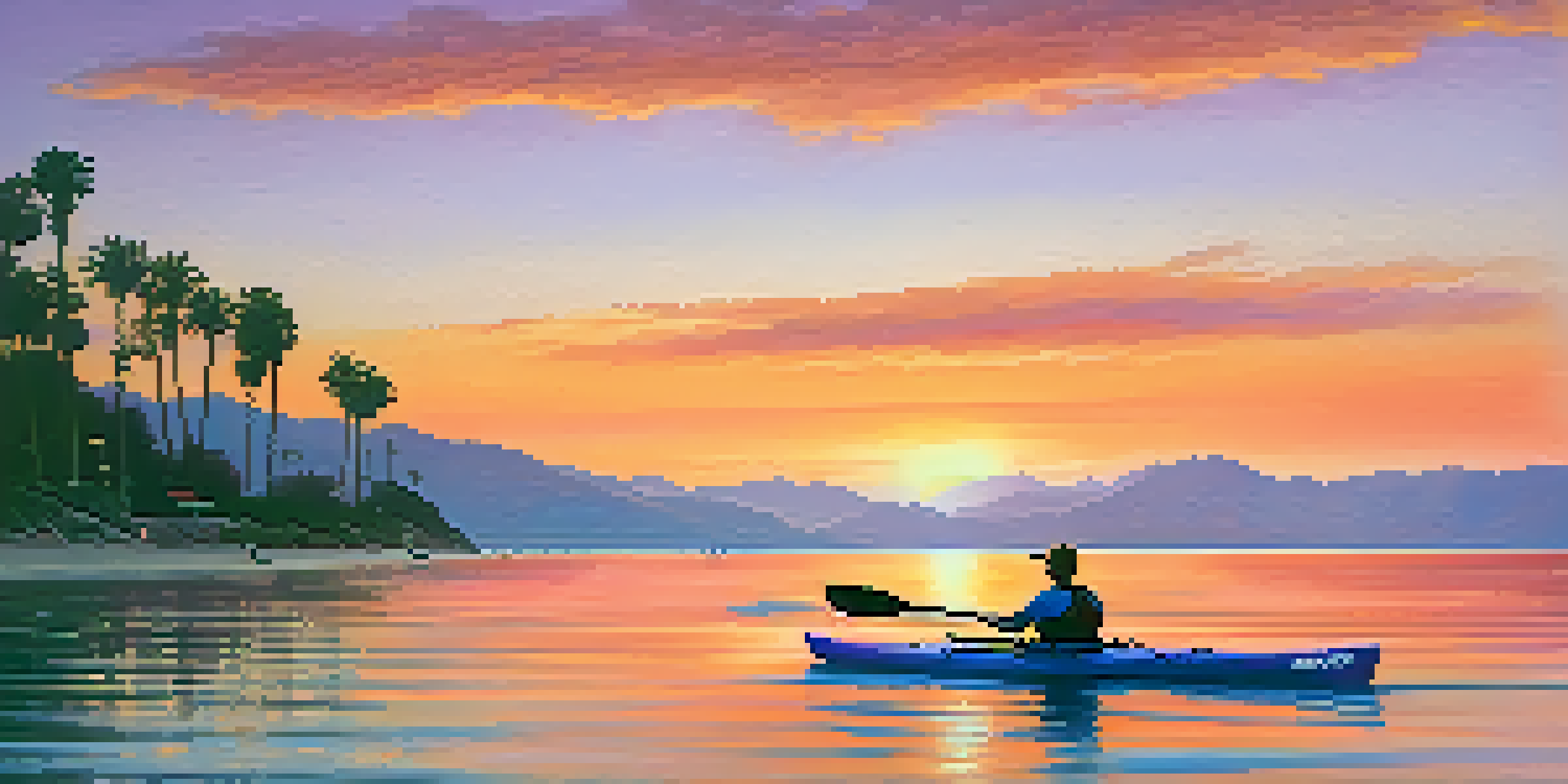 A kayaker paddles through calm waters during a vibrant sunset in Santa Barbara, with colorful sky reflections and coastal hills in the background.