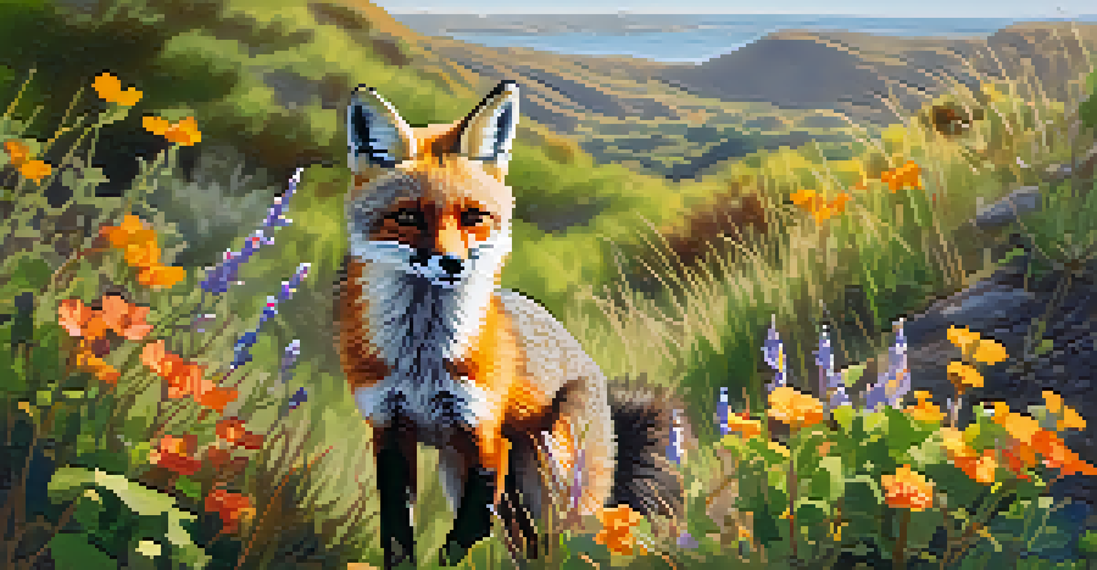 An island fox with gray fur playfully exploring the colorful wildflowers in Channel Islands National Park, under soft sunlight.