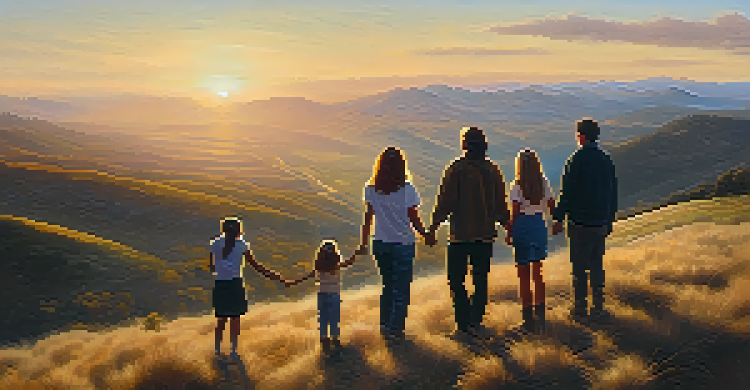 A diverse group of people holding hands on a hilltop at sunrise, overlooking a valley, symbolizing support and unity.