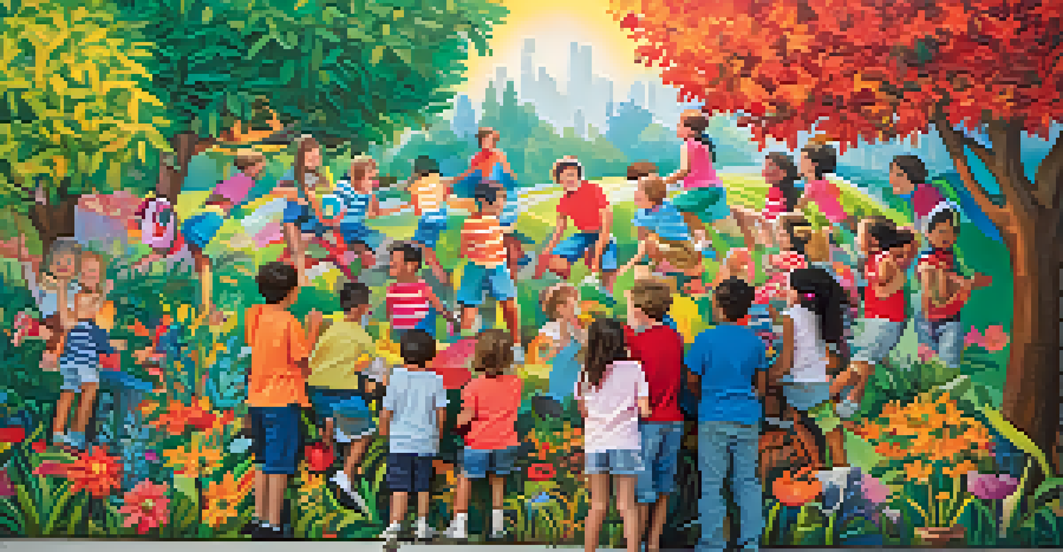 Children working together on a colorful mural outdoors, displaying cooperation and creativity.