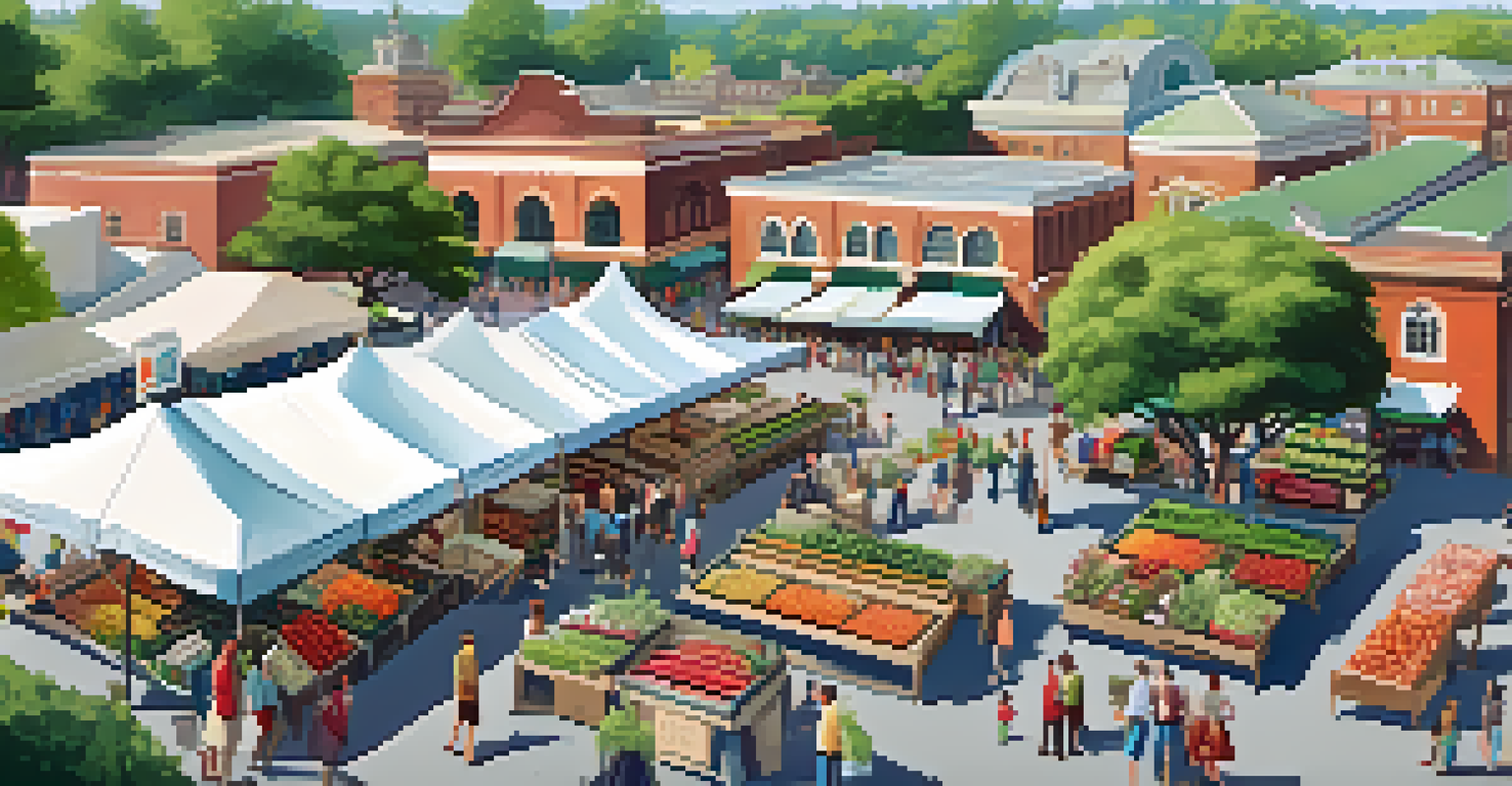 An aerial view of a farmers' market with colorful canopies and greenery, showcasing community engagement.