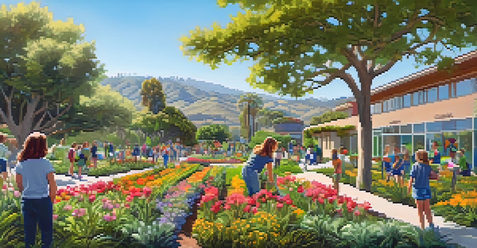 A beautiful school garden in Santa Barbara where students are planting trees and flowers, surrounded by vibrant plants and a clear blue sky.