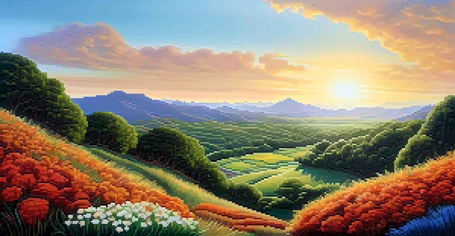 A picturesque landscape filled with rich greenery and wildlife, incorporating symbolic elements of indigenous art, showing the connection between nature and creativity.