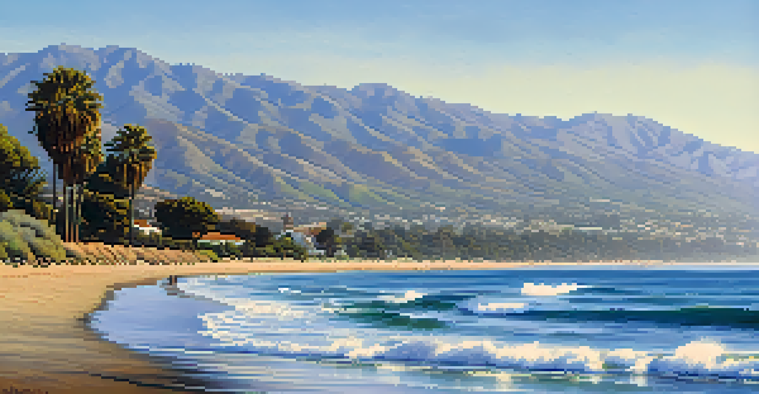 A panoramic view of the Santa Barbara coastline with the ocean and mountains in the background.