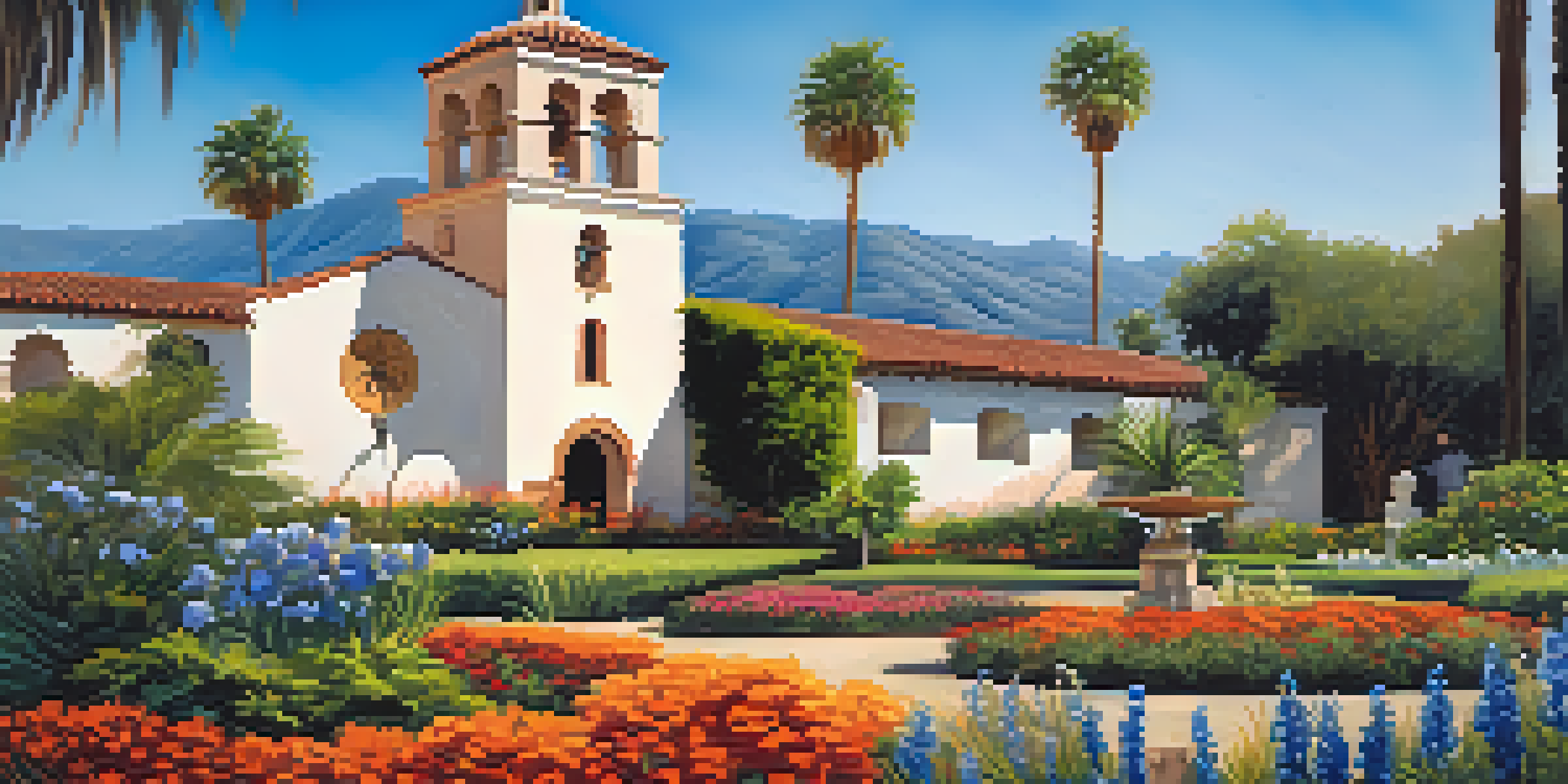 A picturesque view of the Old Mission Santa Barbara with beautiful gardens and its bell tower under a blue sky.