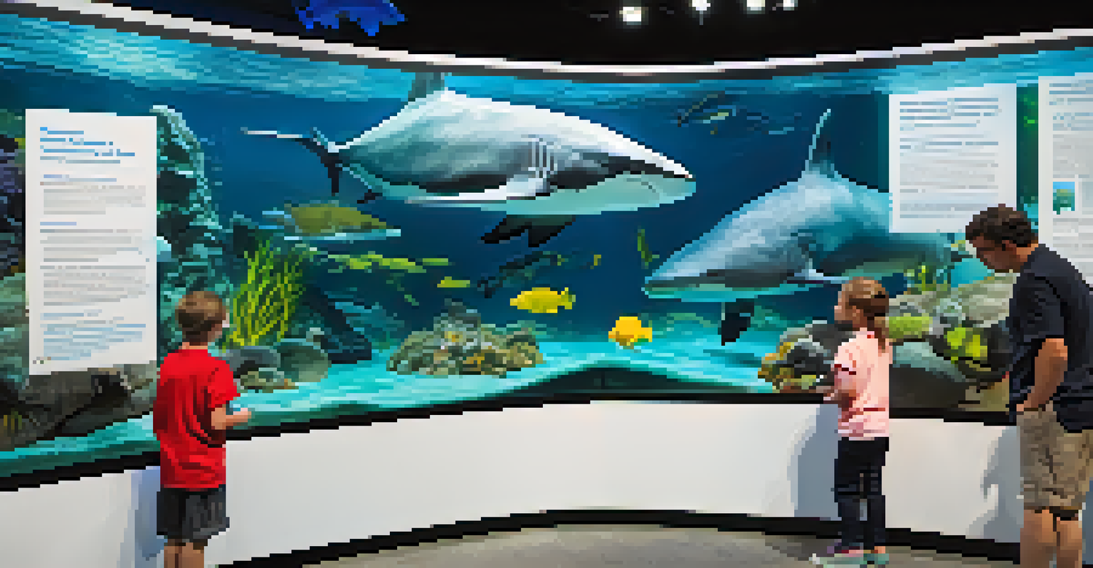 An aquarium exhibit about ocean conservation, with families reading and discussing endangered species.
