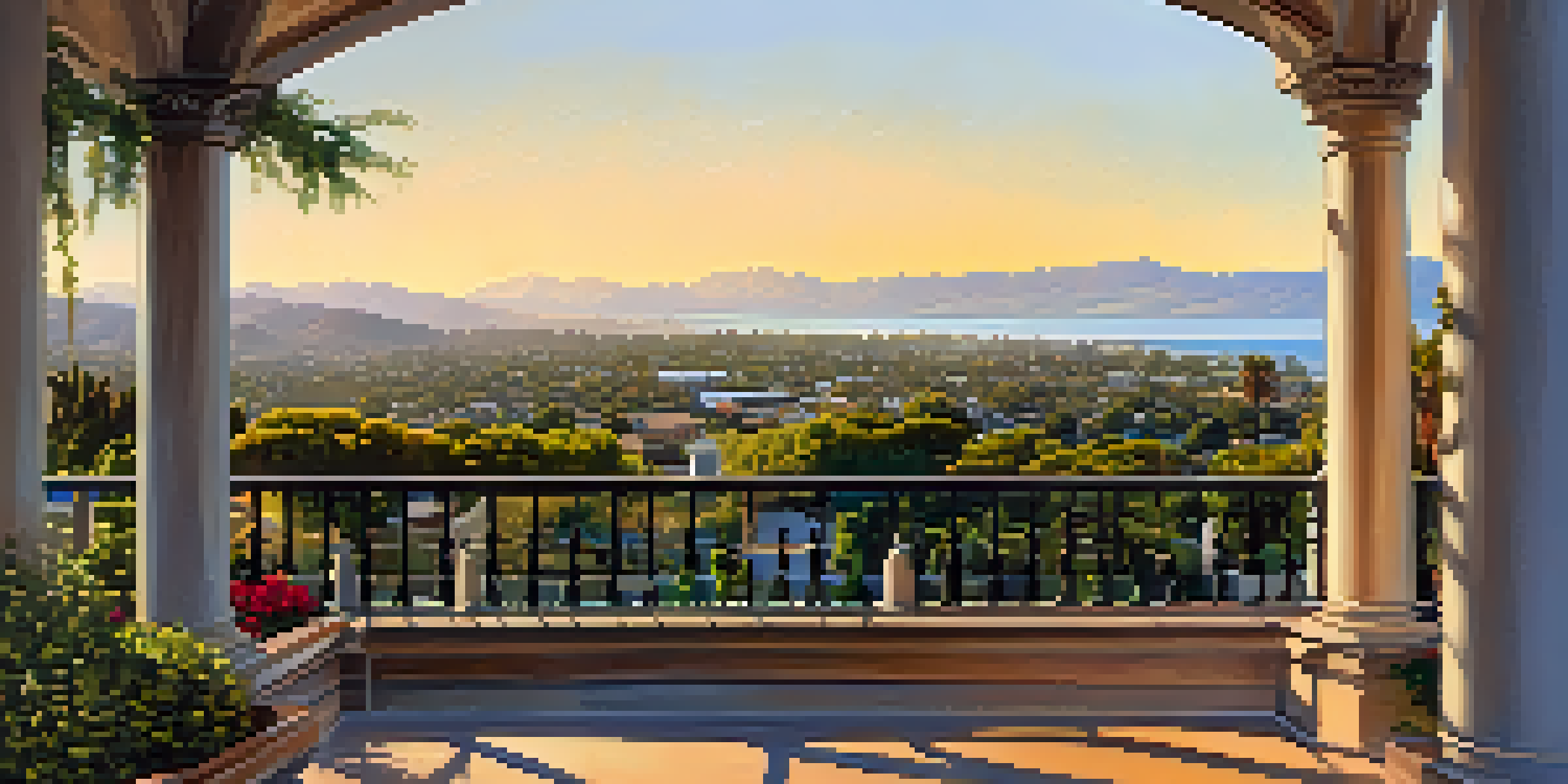 A breathtaking panoramic view from the Santa Barbara Courthouse clock tower, highlighting the city, ocean, and mountains during golden hour.
