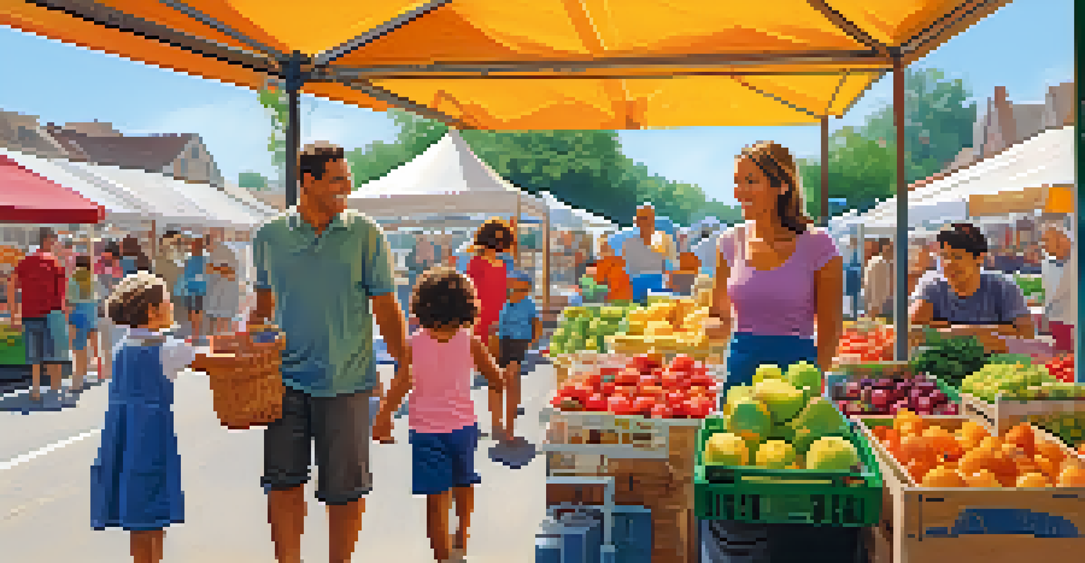 A family at a farmers' market, with children choosing fruits from a vendor's stall, surrounded by colorful tents and lively atmosphere.