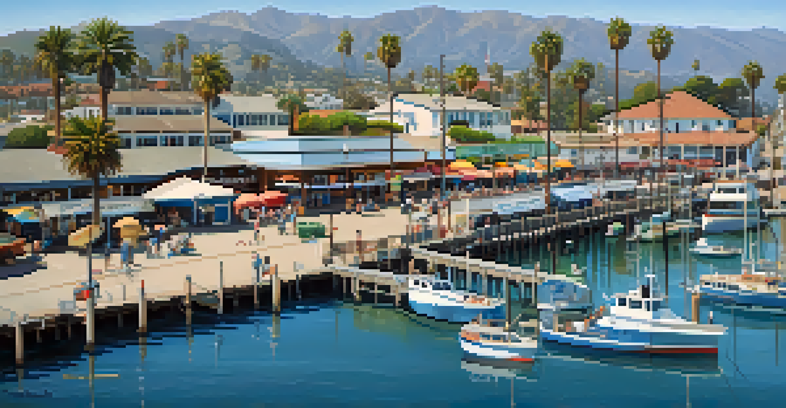 Aerial view of Stearns Wharf in Santa Barbara, with boats and a clear sky, highlighting the coastal landscape.