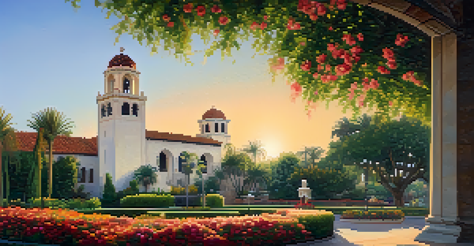 The Santa Barbara Courthouse with its Spanish-Moorish architecture, clock tower, and vibrant flowers, illuminated by golden hour light.