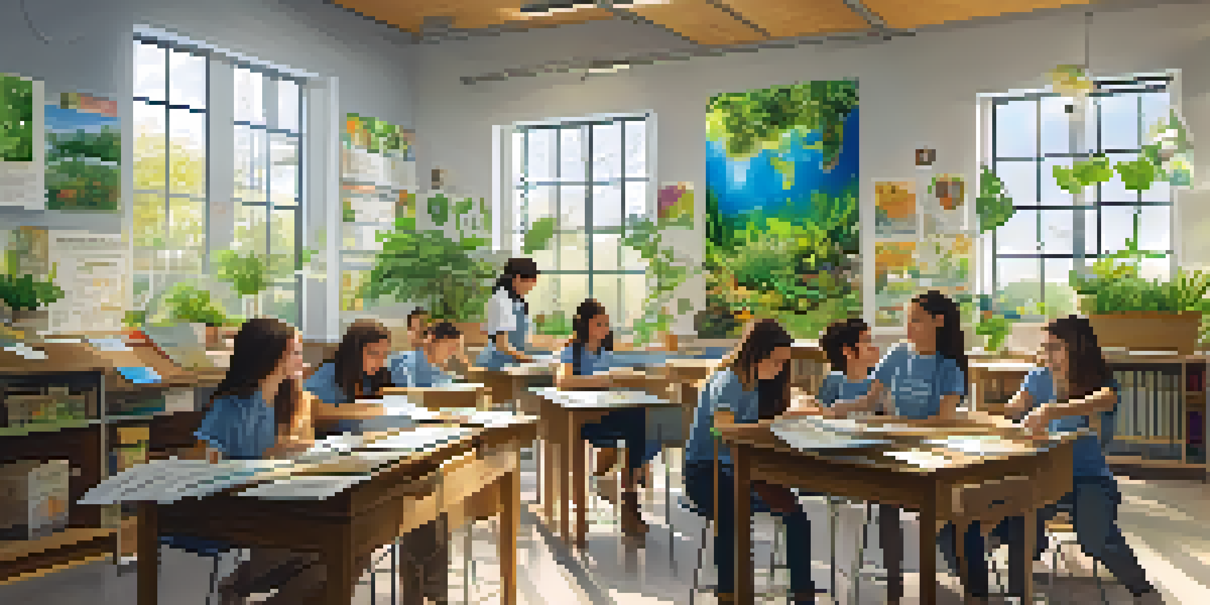 A bright classroom where students are actively involved in a sustainability project, surrounded by plants and eco-friendly materials, with sunlight coming through the windows.