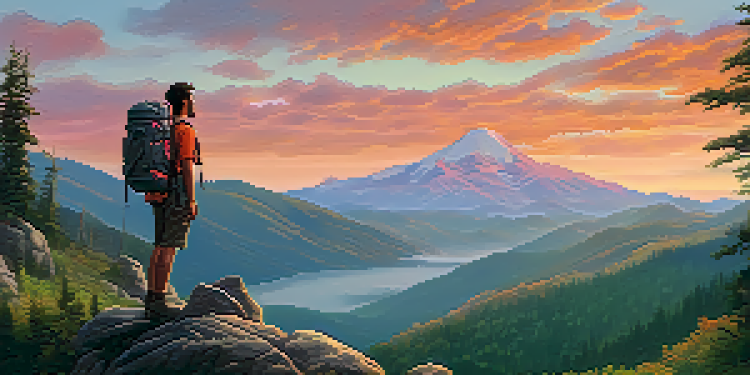 A hiker with a backpack standing on a rocky outcrop, overlooking a vibrant mountain landscape at sunrise with orange and pink hues in the sky.
