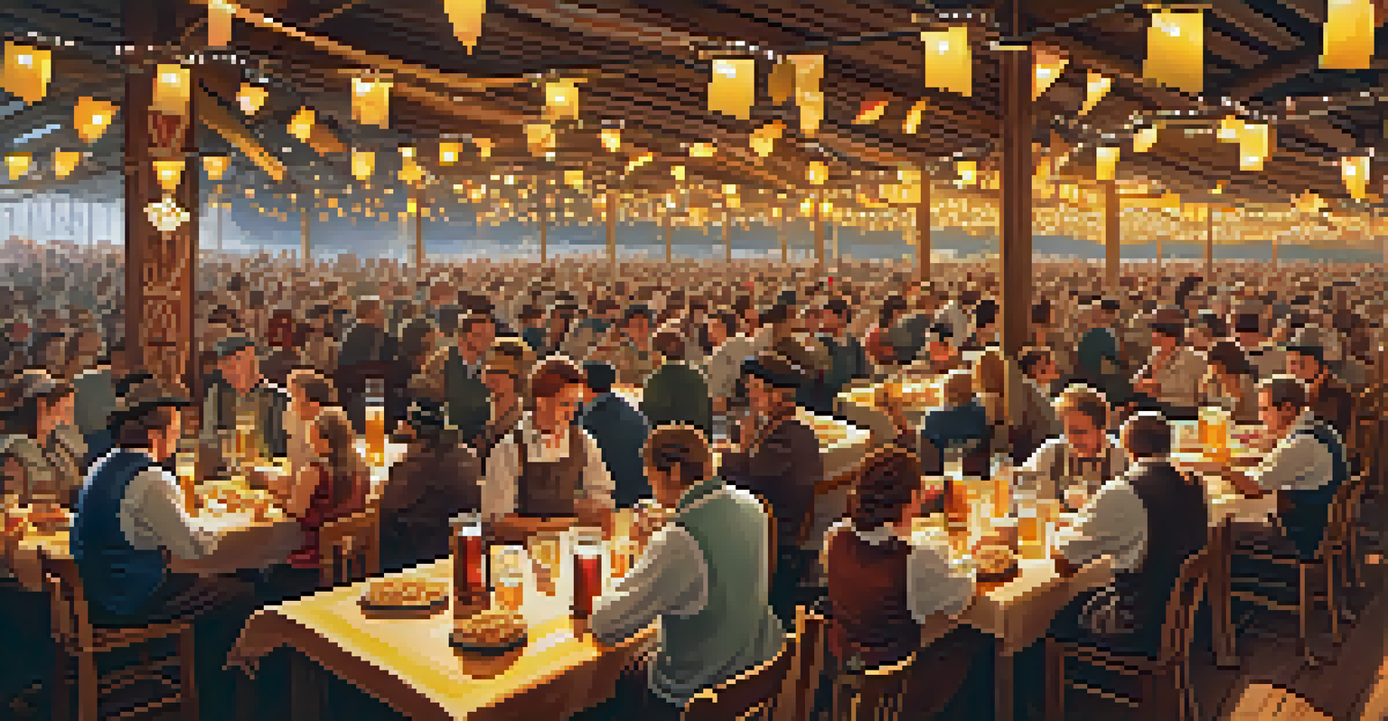 An Oktoberfest scene with people in traditional Bavarian attire enjoying beer and food under festive lights.
