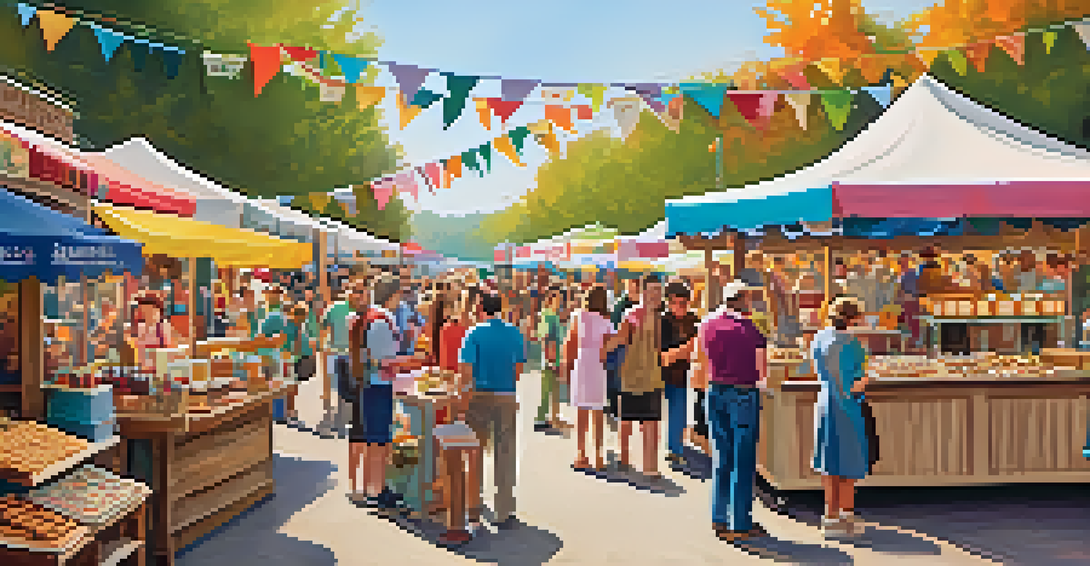 Visitors at a craft fair sampling artisanal food at a vibrant food stall.