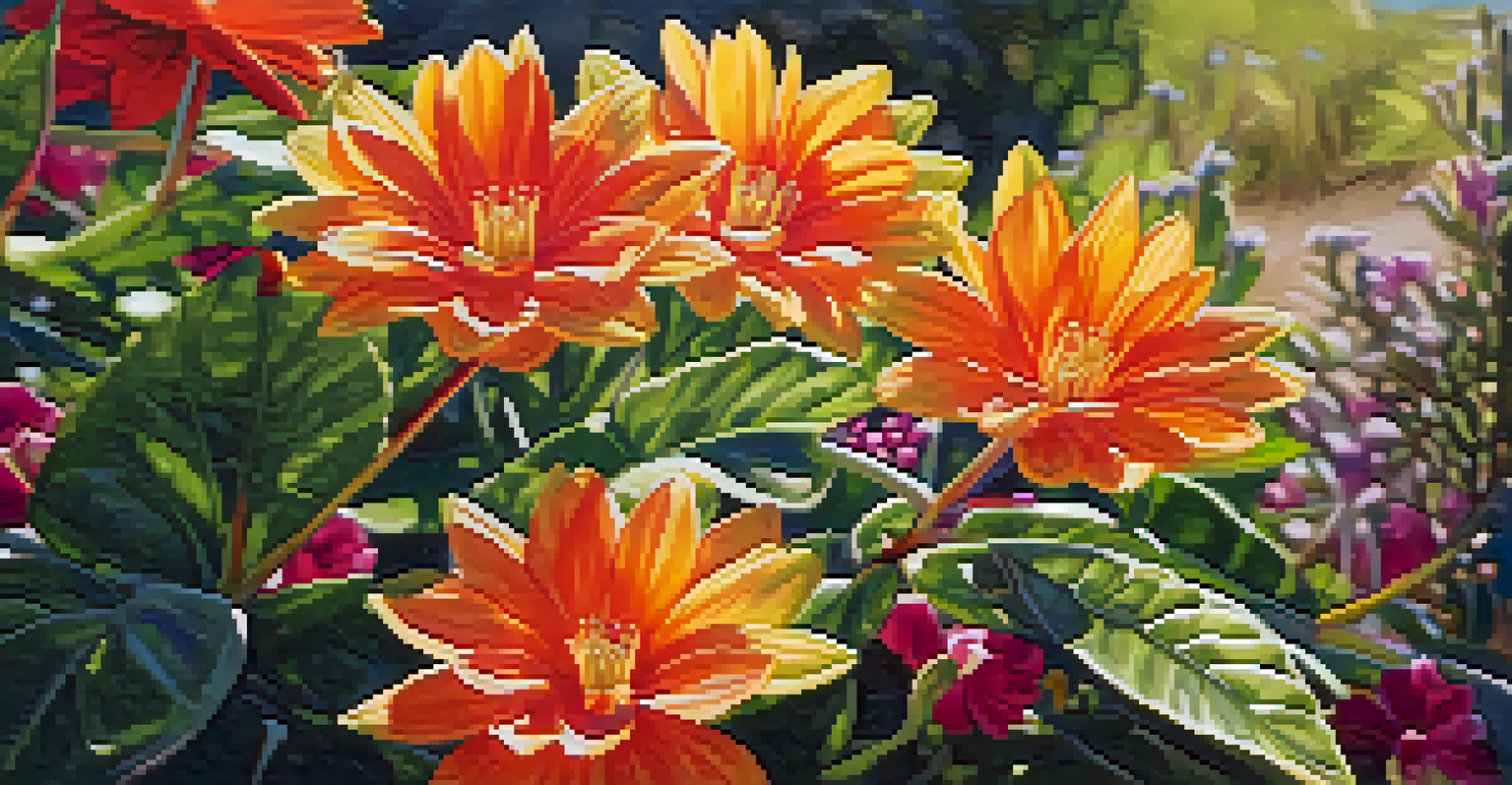 A close-up of colorful flowers with sunlight filtering through the petals in a botanical garden.