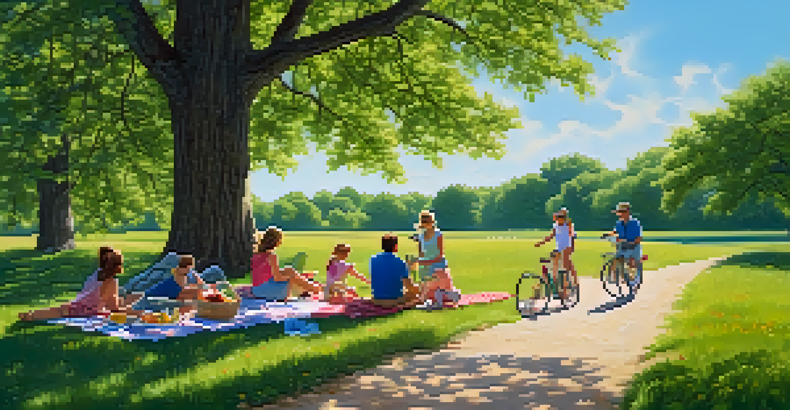 A family having a picnic on a scenic trail with children biking and vibrant flowers around.