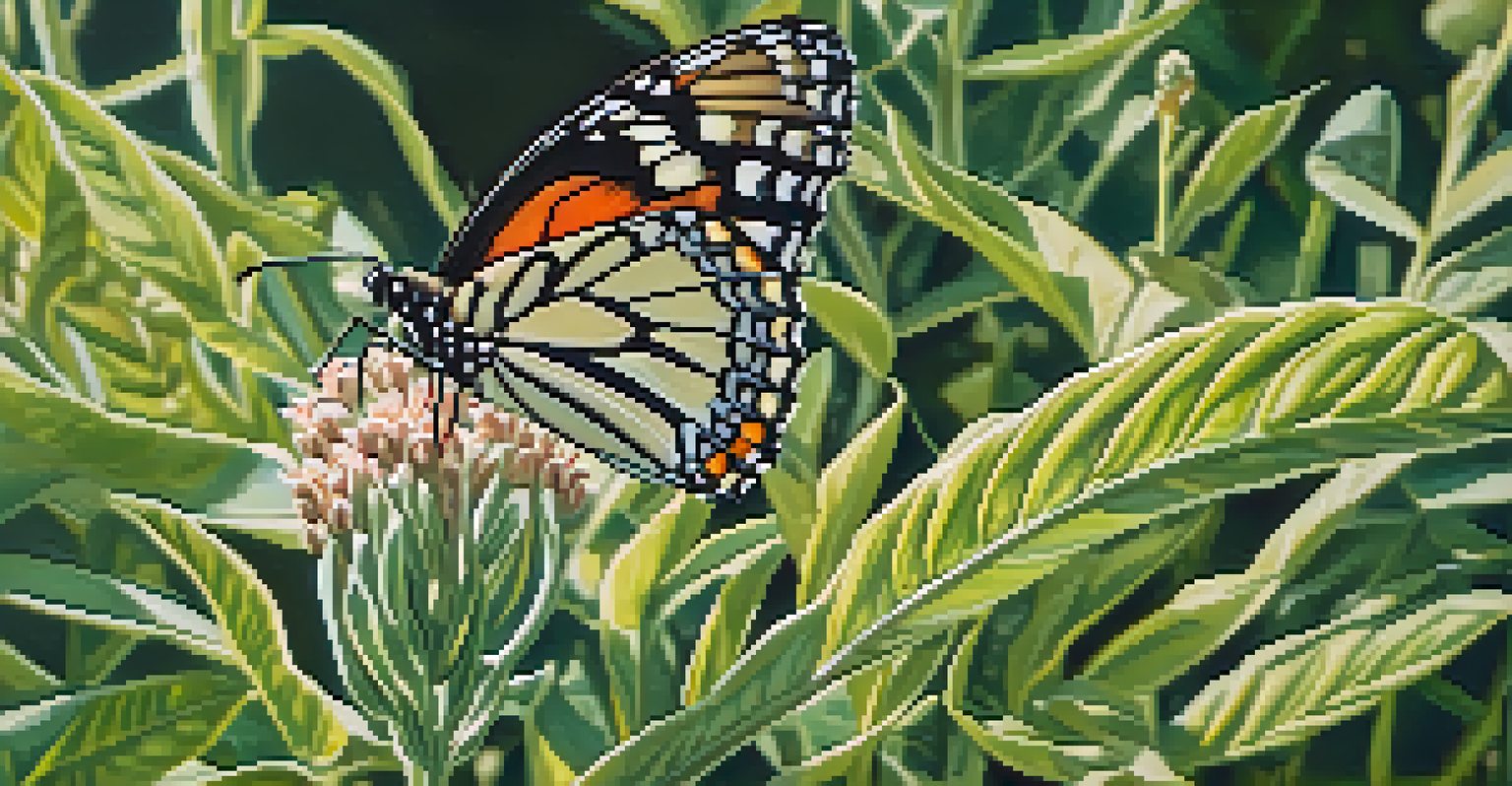 A butterfly resting on a milkweed plant in a sunlit garden, with blurred flowers in the background.