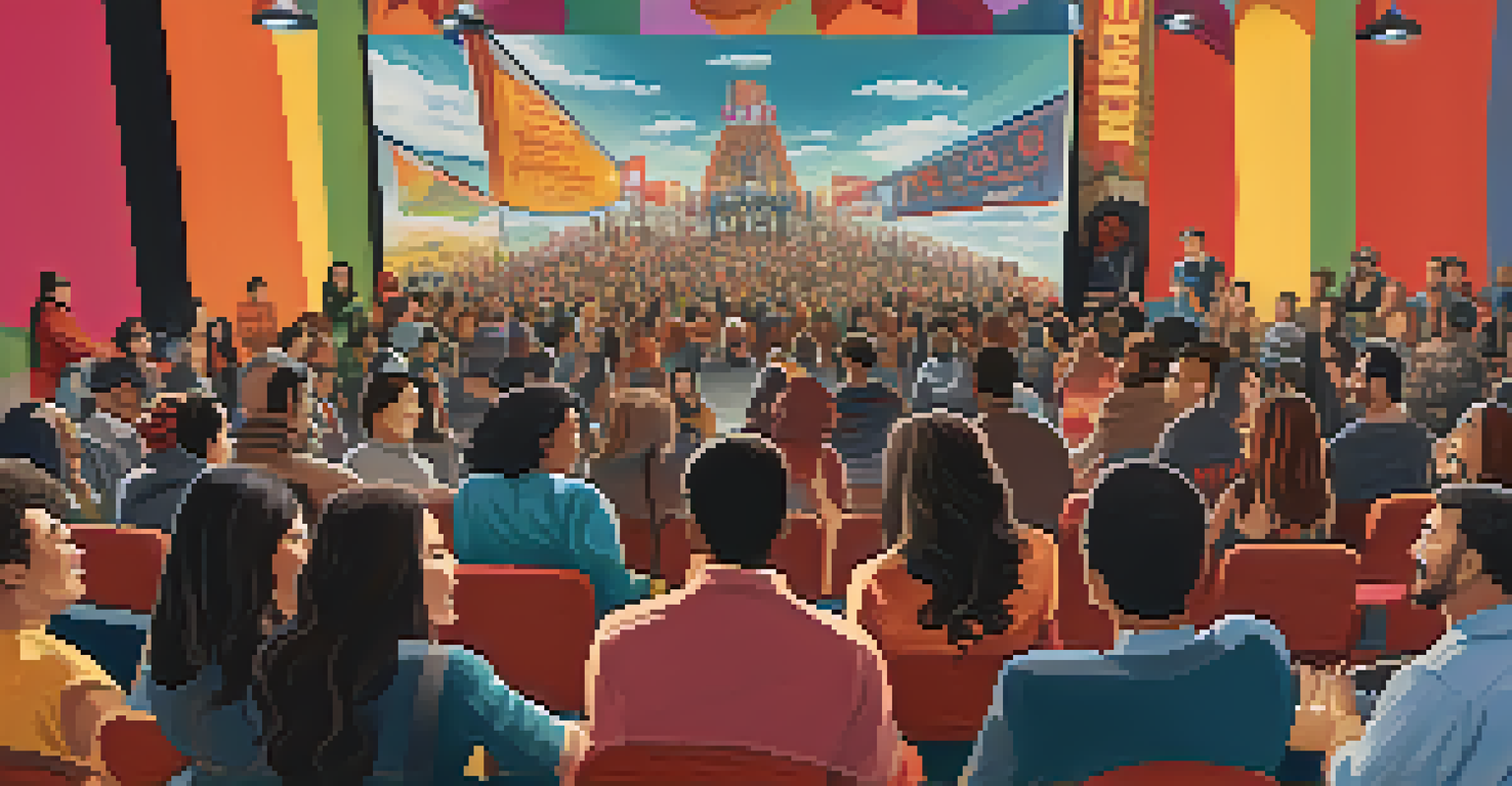 A lively film festival scene with filmmakers and audience members discussing Indigenous films, with colorful banners in the background.