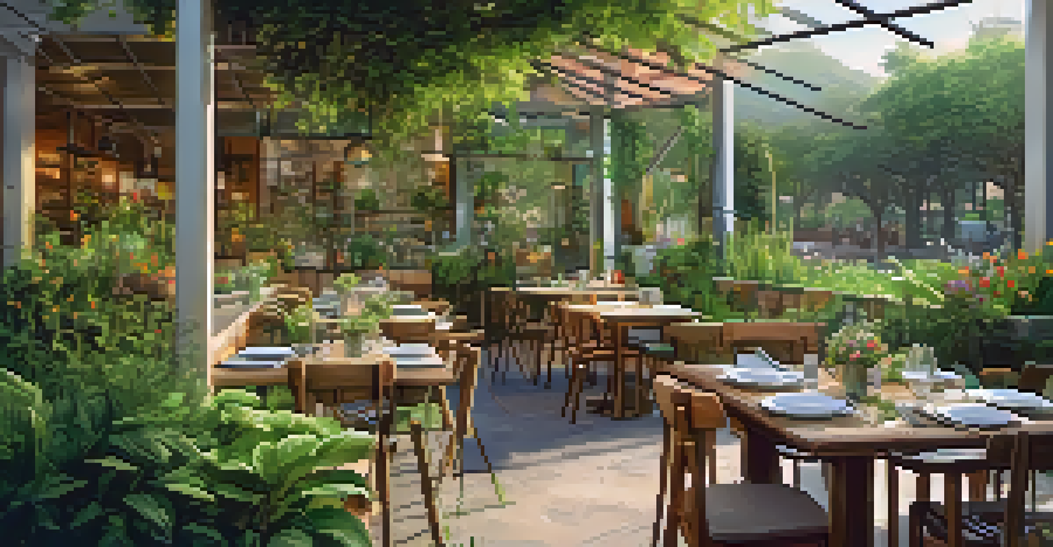 An outdoor dining setup at a sustainable café surrounded by greenery, featuring biodegradable utensils and plates.