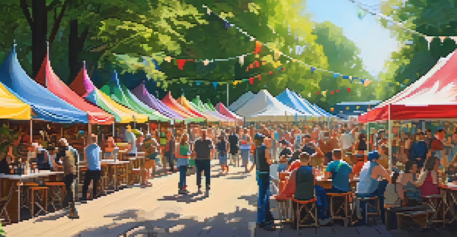 A lively outdoor craft beer festival with attendees sampling beers at colorful booths surrounded by greenery.