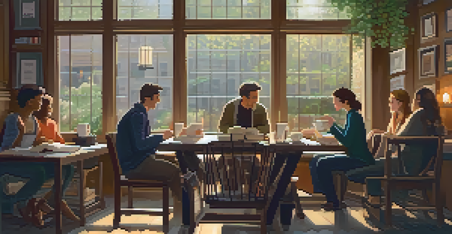 A cozy café with a book club meeting, where people are discussing books over coffee, with a rainy window in the background.