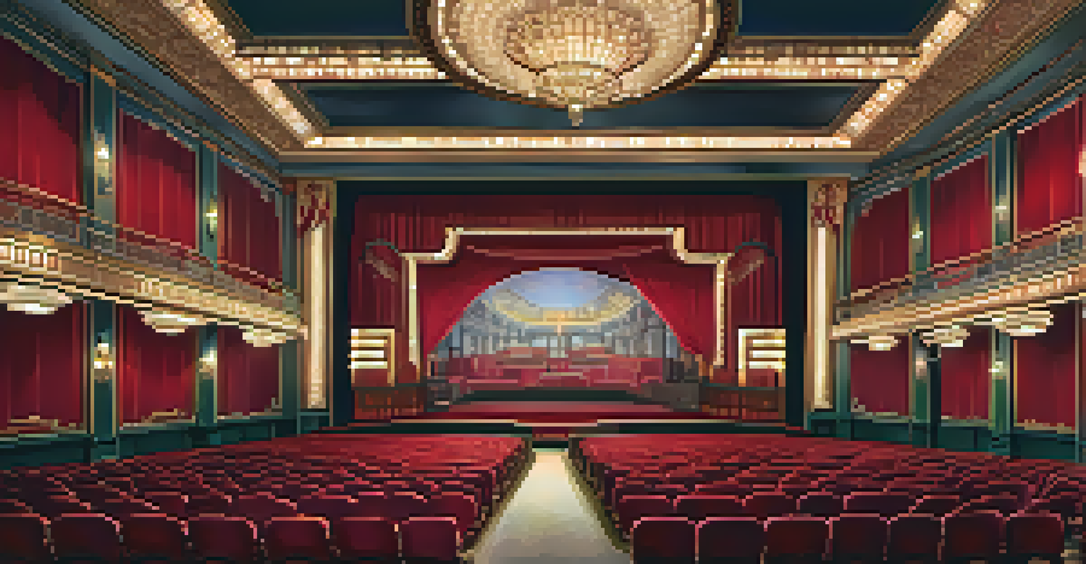 The interior of the Granada Theatre showcasing Art Deco design with plush red seats and vintage decor.