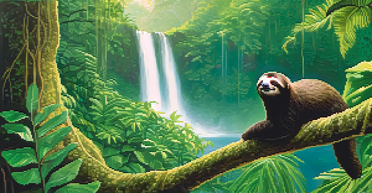 Lush rainforest in Costa Rica with a sloth and a waterfall in the background.