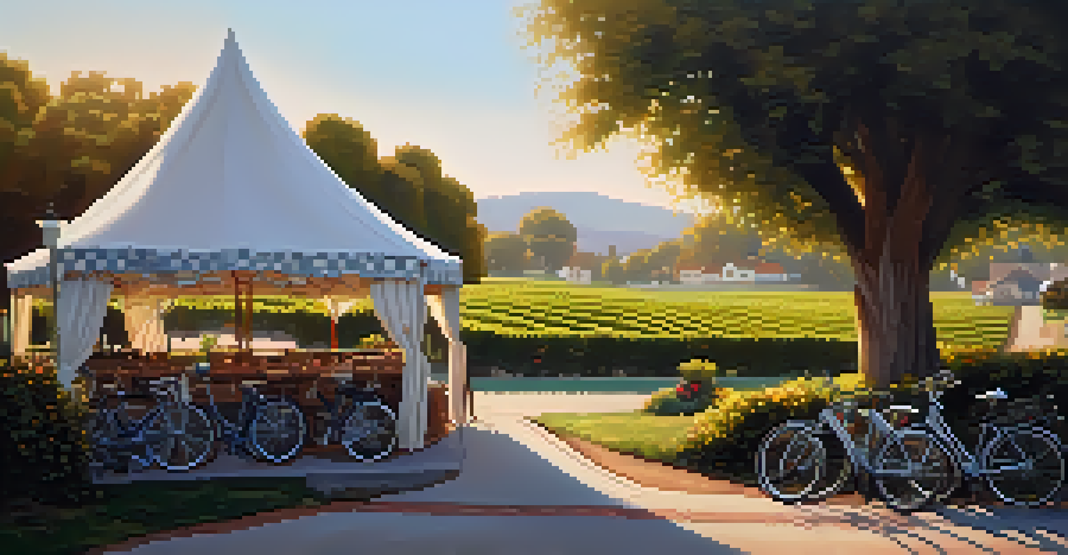 A charming glamping tent in a vineyard with whimsical architecture, featuring a picnic setup and bicycles.