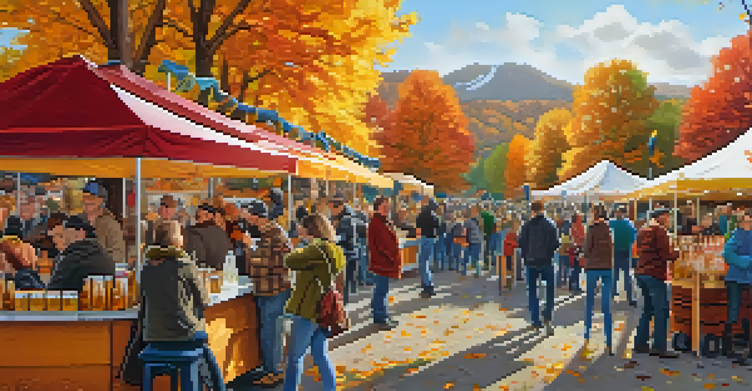 An outdoor beer festival in autumn with people enjoying craft beers at decorated booths, surrounded by colorful fall foliage and seasonal treats.