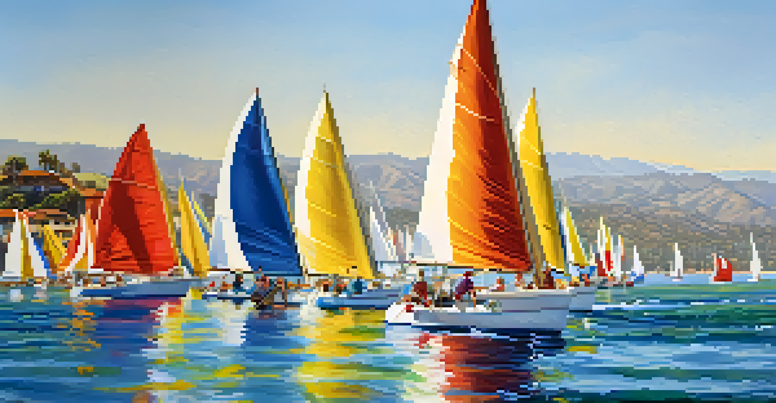A lively sailing race with colorful boats on the water, set against the Santa Barbara shoreline with spectators on the beach.