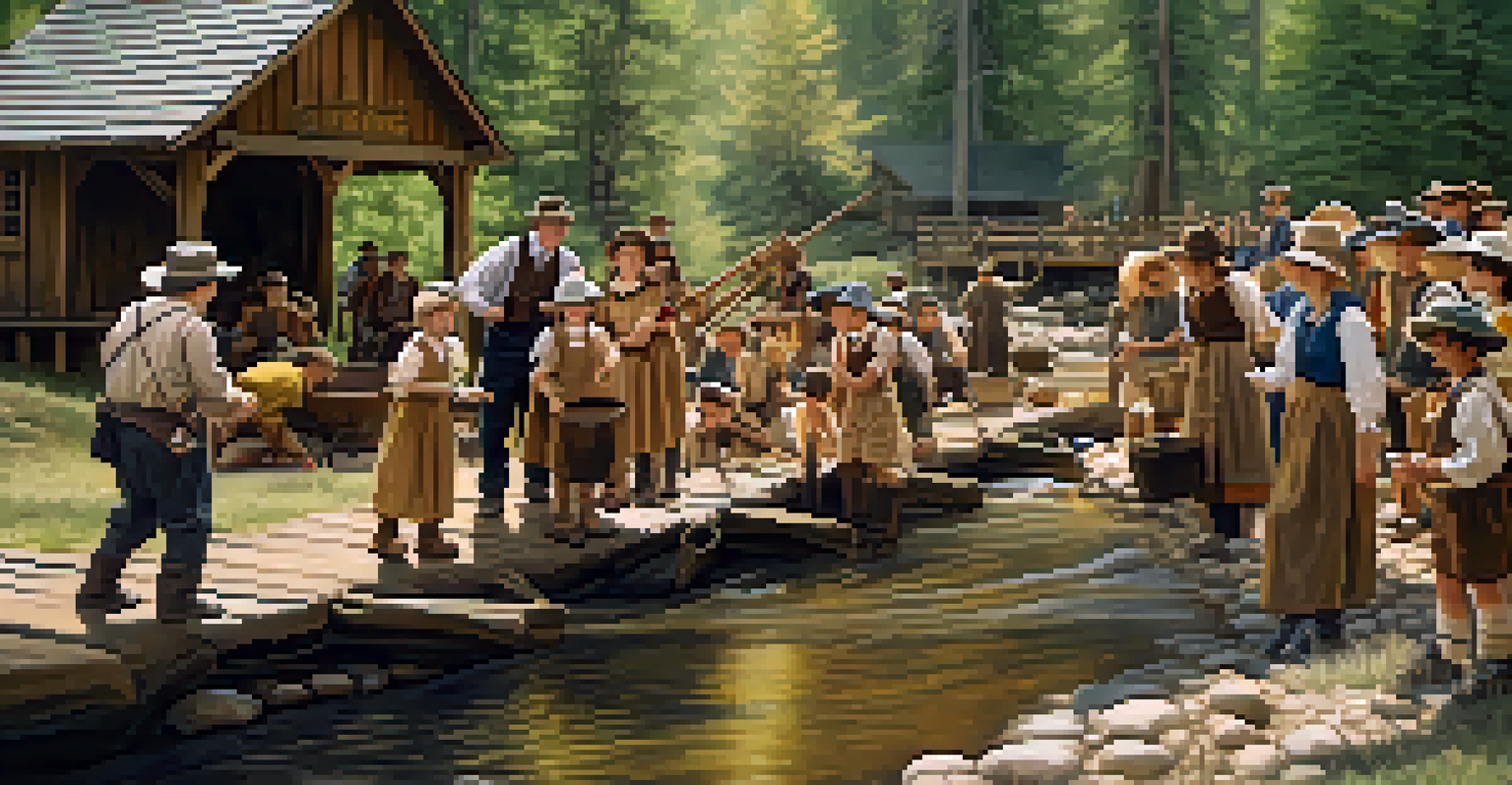 Children excitedly learning gold panning at a historical reenactment, with actors in period costumes and a scenic creek in the background.