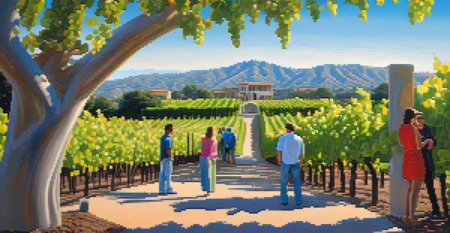 An outdoor art installation in a vineyard, surrounded by grapevines with visitors enjoying wine.